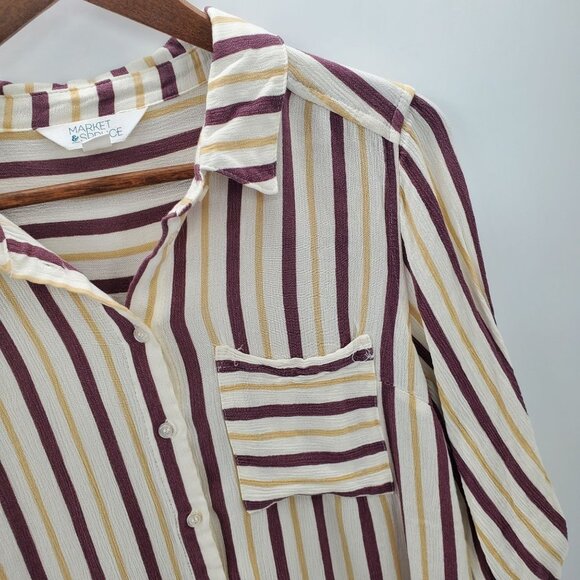 Market & Spruce Womens Striped Button Up Blouse Top Sz M Roll Tab Sleeve Pocket - Picture 4 of 8